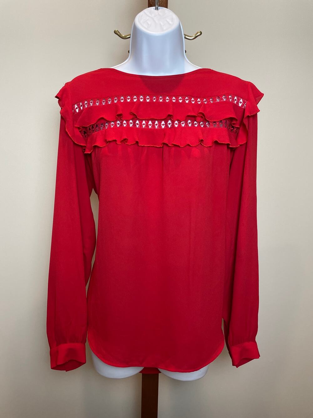 LOFT Red Ruffle Lace Trim Lightweight Blouse Size M Loose Fit Top